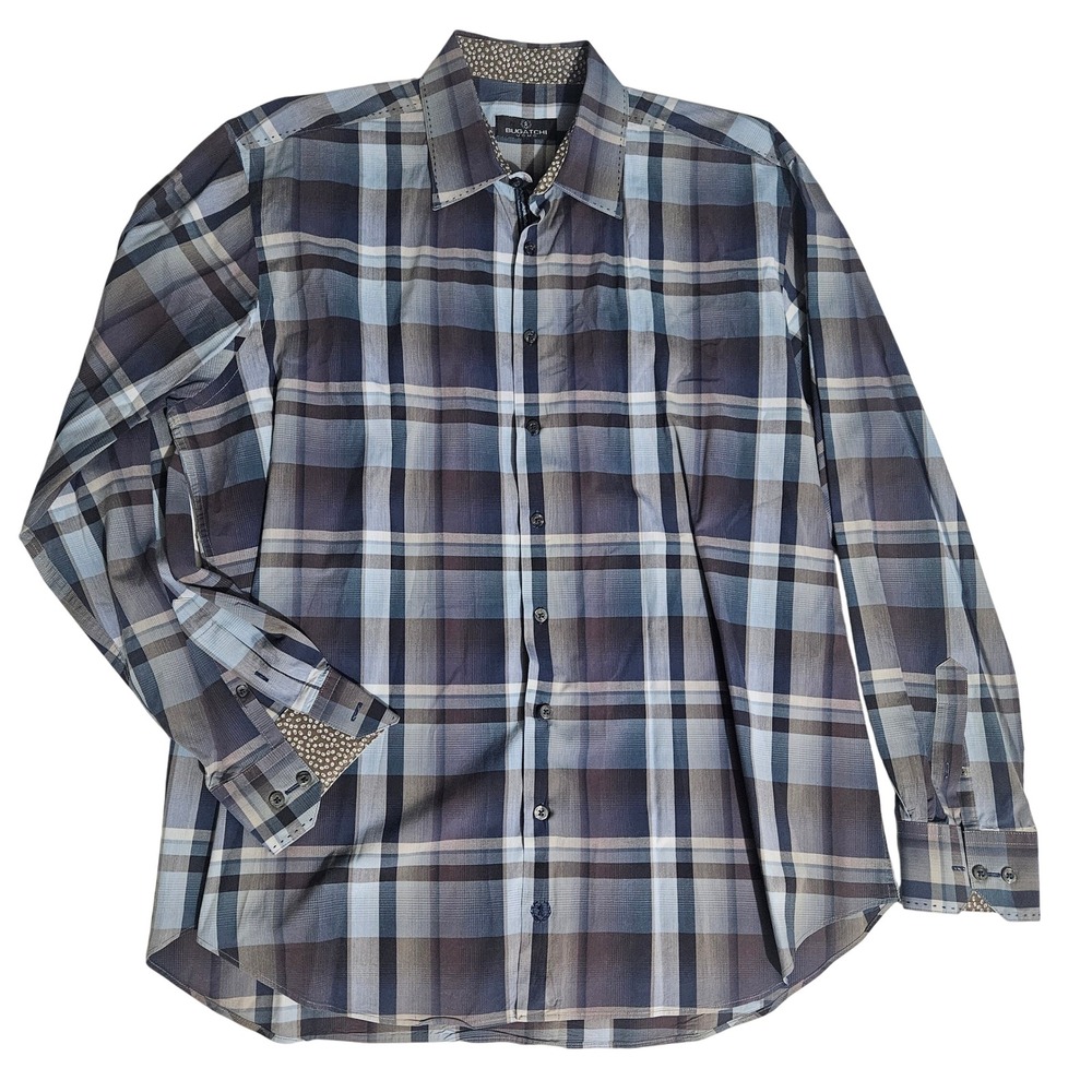 Bugatchi Uomo Mens XXL Blue Grey Plaid Long Sleeve Button Down Shirt